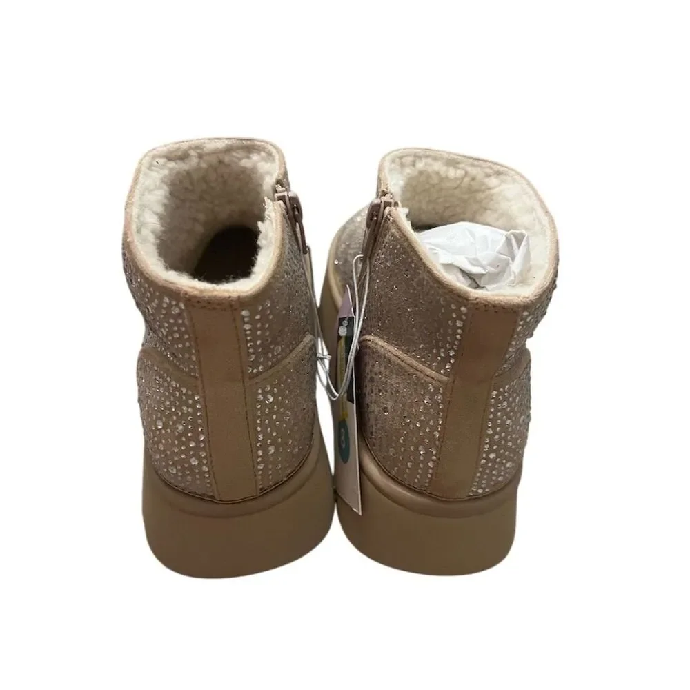 Women's Beige Platform Booties Rhinestone‎ Chic Casual Zip Closure
